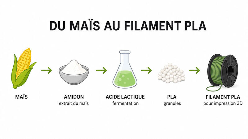 Le PLA est fabriqu&eacute; &agrave; base d'amidon de ma&iuml;s